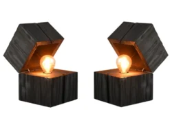 2-er SET aufklappbare LED Tischleuchten aus Holz Schwarz, Höhe 16cm