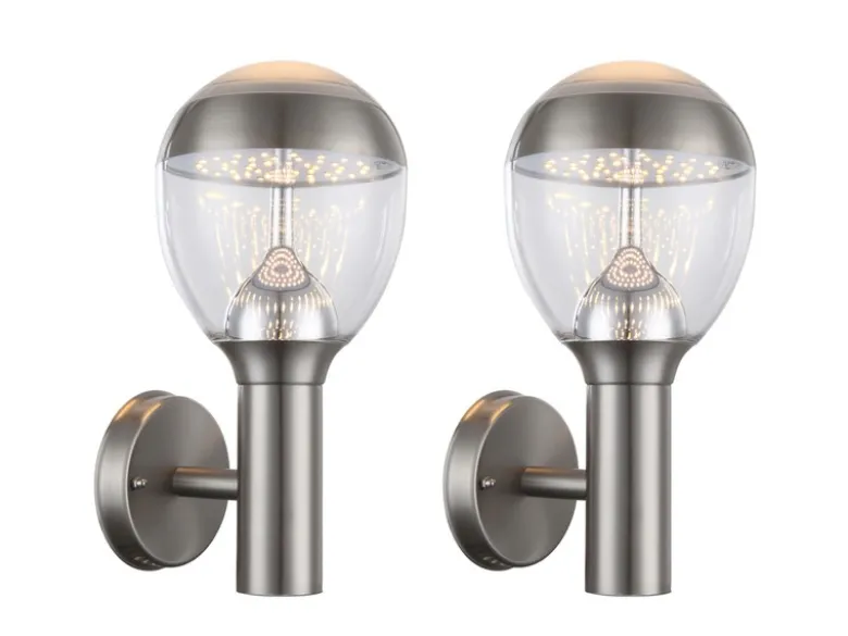 2er Set ausgefallene LED Außenwandleuchten aus Edelstahl in Silber, Höhe 32cm