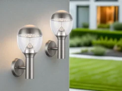 2er Set ausgefallene LED Außenwandleuchten aus Edelstahl in Silber, Höhe 32cm
