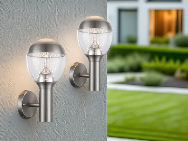 2er Set ausgefallene LED Außenwandleuchten aus Edelstahl in Silber, Höhe 32cm