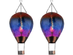 2er Set Deko Solarleuchten Heißluftballon aus Glas Bunt & Flammeneffekt, H:58cm