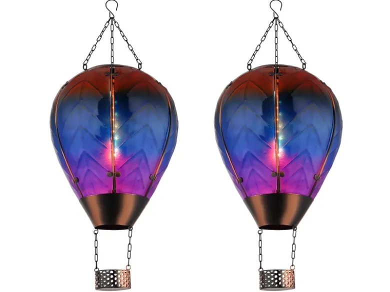 2er Set Deko Solarleuchten Heißluftballon aus Glas Bunt & Flammeneffekt, H:58cm