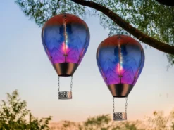 2er Set Deko Solarleuchten Heißluftballon aus Glas Bunt & Flammeneffekt, H:58cm
