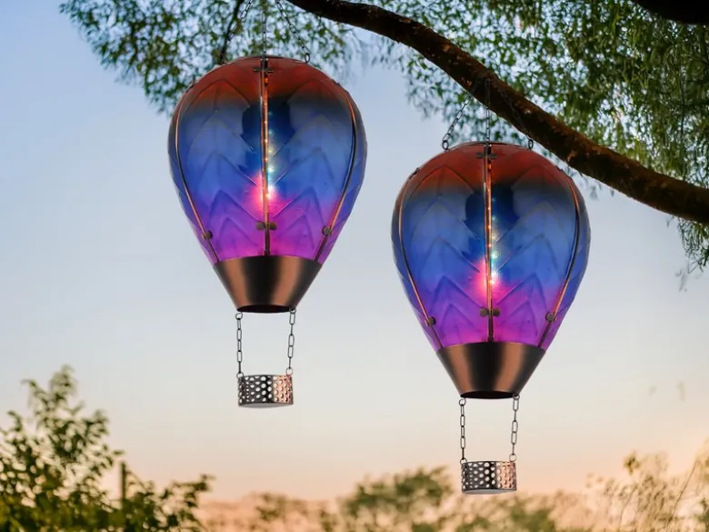 2er Set Deko Solarleuchten Heißluftballon aus Glas Bunt & Flammeneffekt, H:58cm