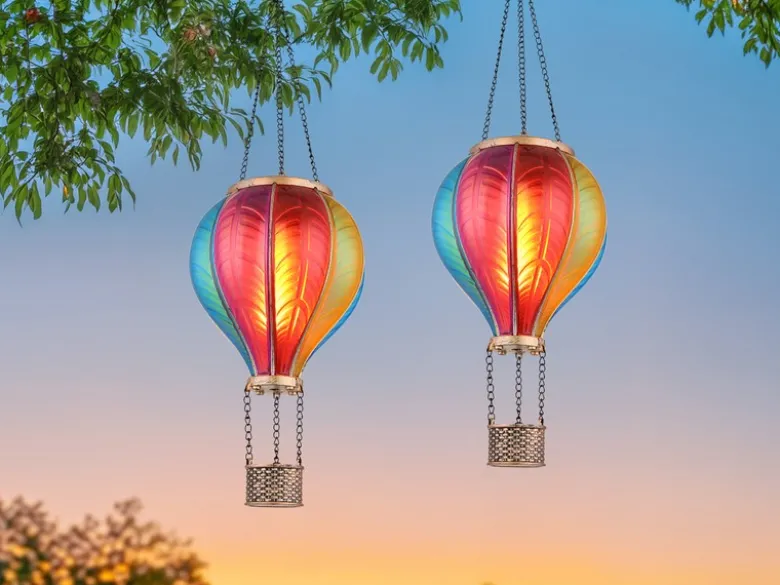2er Set Deko Solarleuchten mit buntem Heißluftballon aus Kunststoff, Höhe 46,5cm