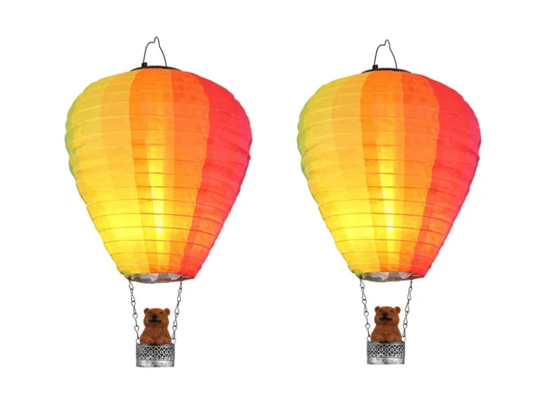 2er Set Deko Solarleuchten mit buntem Heißluftballon & Bär im Korb, Höhe 44cm