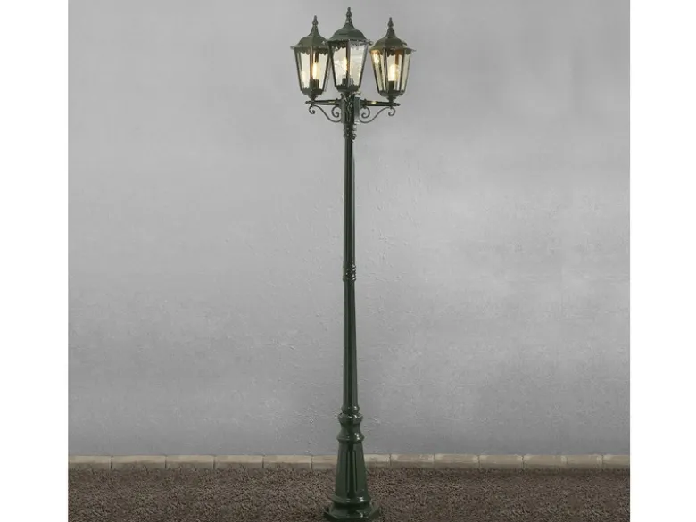 2er-Set grüne Gartenlaterne FIRENZE 3 x E27 Aluminium, inkl. Pfahl und Fundament