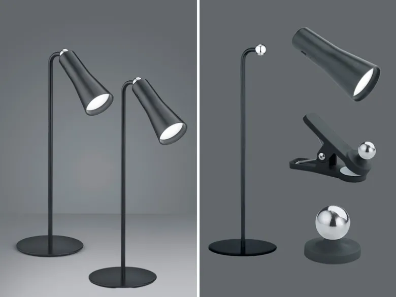 2er SET 3 in 1 LED Akku Tischleuchten mit Klemm- & Klebestation, Schwarz H: 36cm