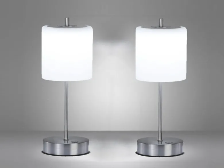 2er SET kabellose Tischlampen Silber / Opalglas dimmbar, Höhe 34,5cm