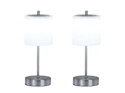 2er SET kabellose Tischlampen Silber / Opalglas dimmbar, Höhe 34,5cm