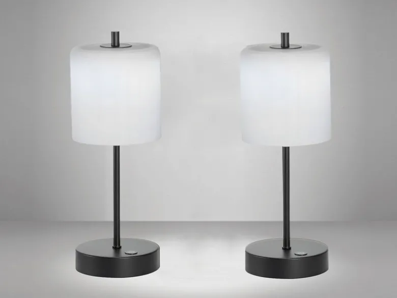 2er SET kabellose Tischlampen Schwarz / Opalglas dimmbar, Höhe 34,5cm