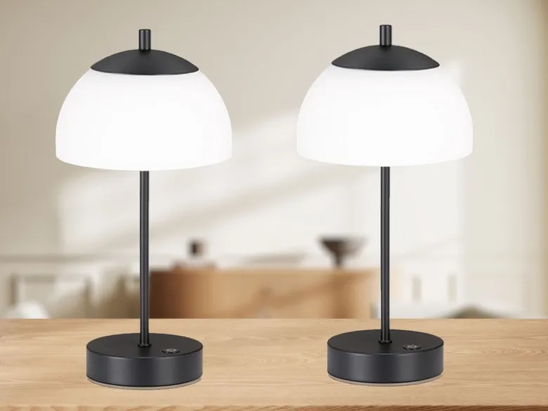 2er SET kabellose Tischlampen Schwarz / Opalglas dimmbar, Höhe 35cm