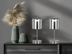 2er SET kabellose Tischlampen Silber / Rauchglas dimmbar, Höhe 34,5cm