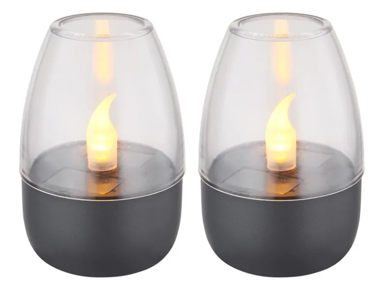 2er Set Kleine LED Deko Solar Windlichter mit Flammeneffekt, Höhe 9cm