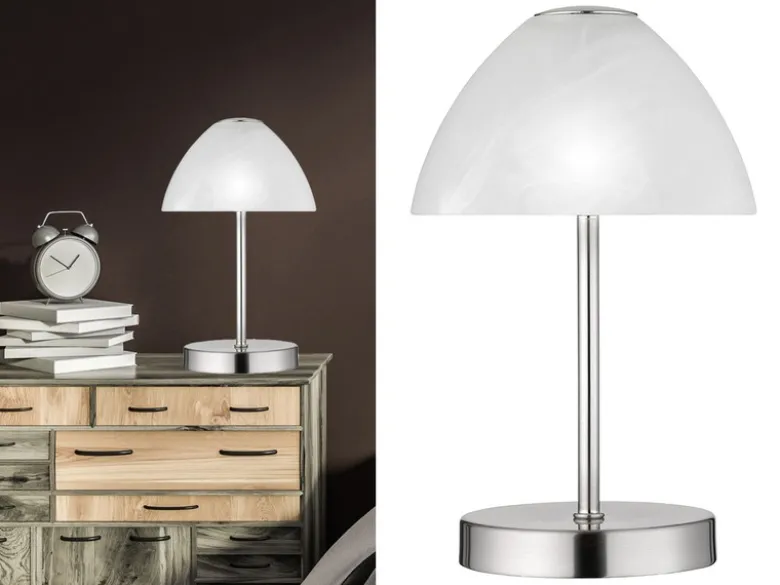2-er SET kleine LED Tischlampen dimmbar, Silber mit Glasschirm Weiß, Höhe 24cm