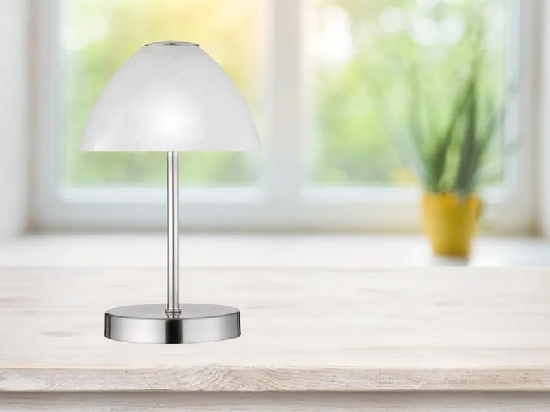 2-er SET kleine LED Tischlampen dimmbar, Silber mit Glasschirm Weiß, Höhe 24cm
