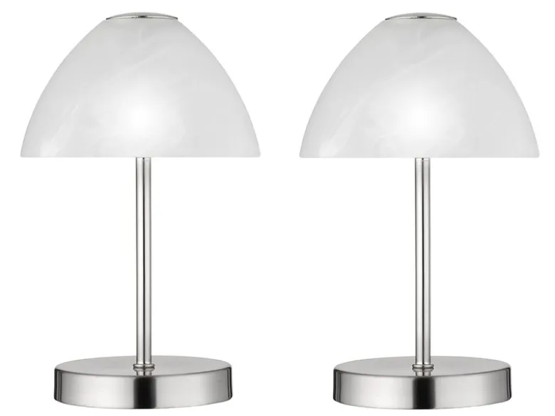 2-er SET kleine LED Tischlampen dimmbar, Silber mit Glasschirm Weiß, Höhe 24cm