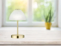 2-er SET kleine LED Tischlampen dimmbar, Messing mit Glasschirm Weiß, Höhe 24cm