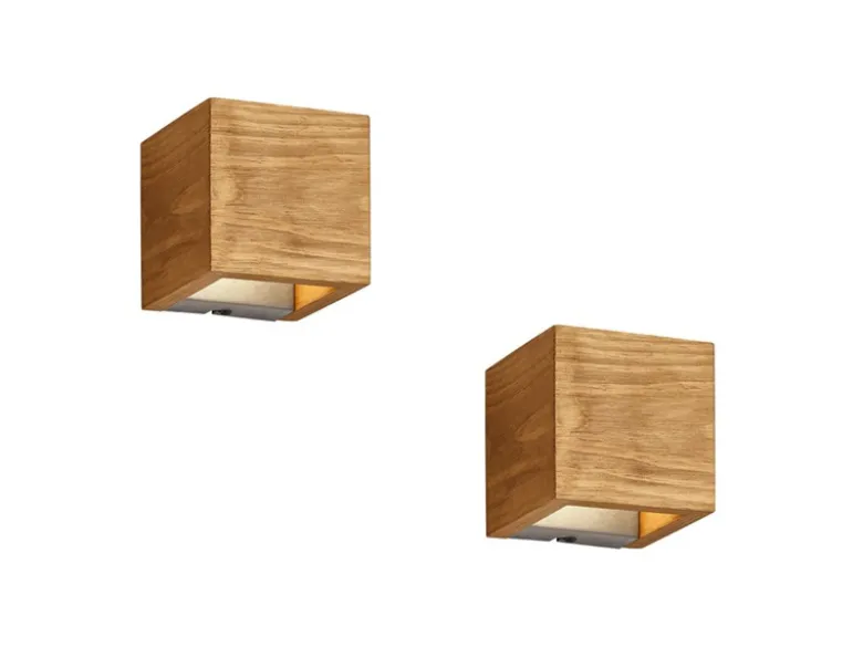 2er SET kleine Up and Down LED Innen Wandlampen aus Echtholz, Quadrat 11cm