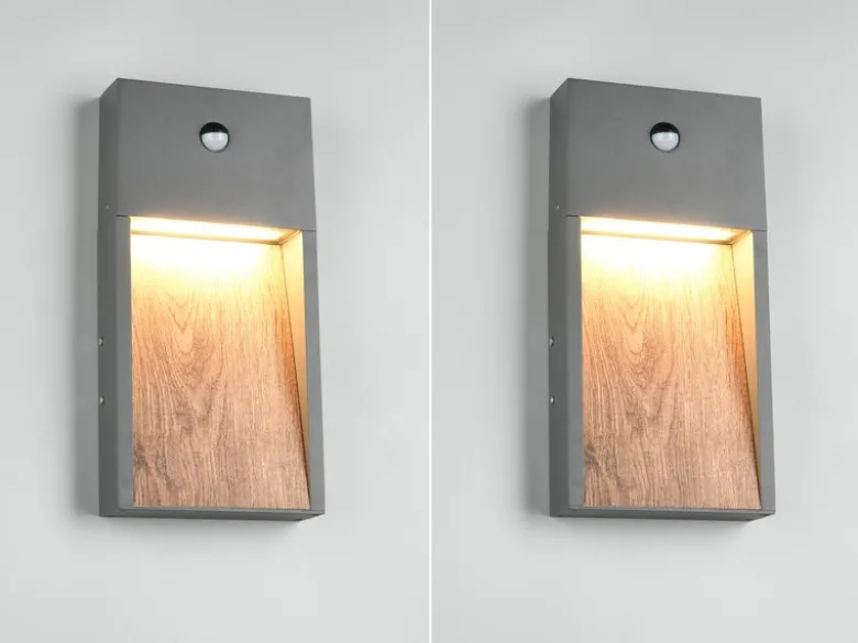 2er Set LED Außenwandleuchten Anthrazit & Holzoptik mit Bewegungsmelder, H 33cm