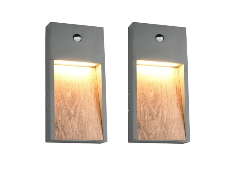 2er Set LED Außenwandleuchten Anthrazit & Holzoptik mit Bewegungsmelder, H 33cm
