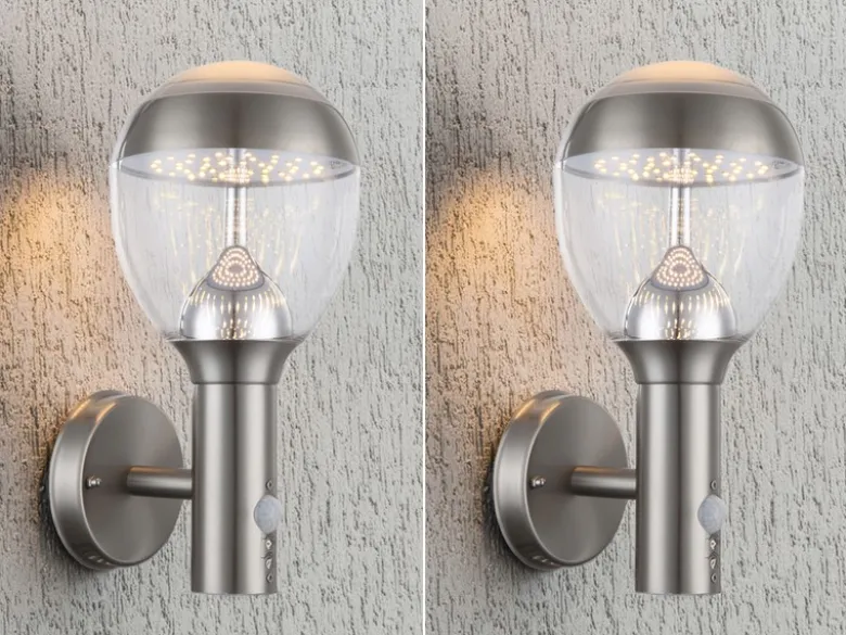2er Set LED Außenwandleuchten mit Bewegungsmelder in Silber, Höhe 32cm