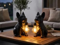 2er Set LED Deko Solarleuchten Hundelampe Bulldogge in Schwarz, Höhe 24,5cm