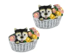 2er Set LED Deko Solarleuchten Hund und Blumen im Korb, Höhe 13,5cm