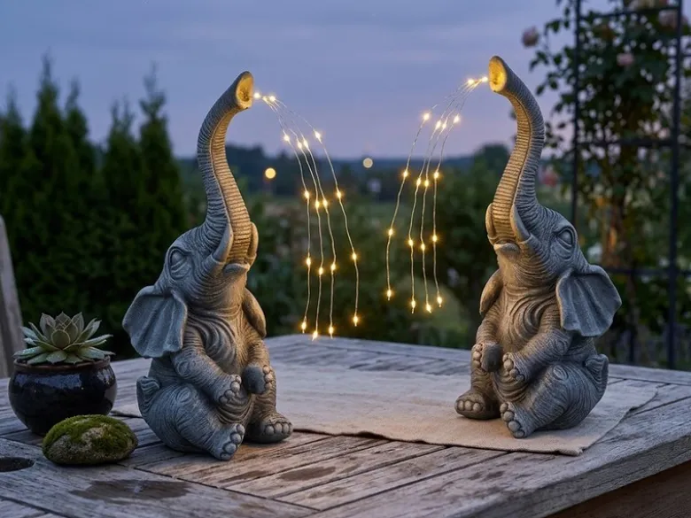 2er Set LED Deko Solarleuchten Kunststoff Elefantenlampen Grau, Höhe 32,5cm