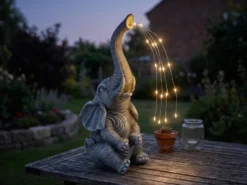 2er Set LED Deko Solarleuchten Kunststoff Elefantenlampen Grau, Höhe 32,5cm