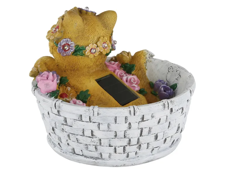 2er Set LED Deko Solarleuchten Katze und Blumen im Korb, Höhe 15cm
