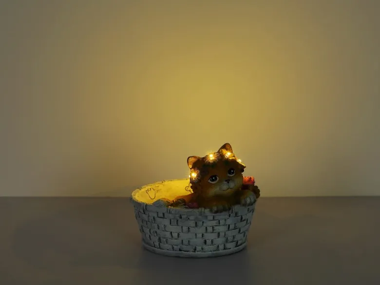 2er Set LED Deko Solarleuchten Katze und Blumen im Korb, Höhe 15cm
