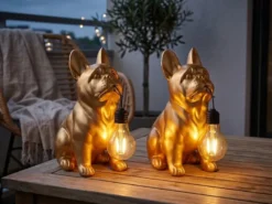 2er Set LED Deko Solarleuchten Hundelampe Bulldogge in Gold, Höhe 24,5cm