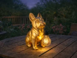 2er Set LED Deko Solarleuchten Hundelampe Bulldogge in Gold, Höhe 24,5cm