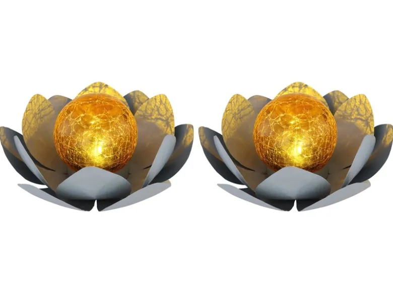 2er Set LED Deko Solarleuchten Seerose mit Crackleglas Kugel, Grau Ø25cm