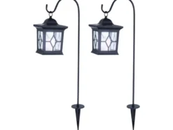 2er Set LED Solar Erdspießleuchte mit aufgehängter Laterne, Schwarz Höhe 68cm