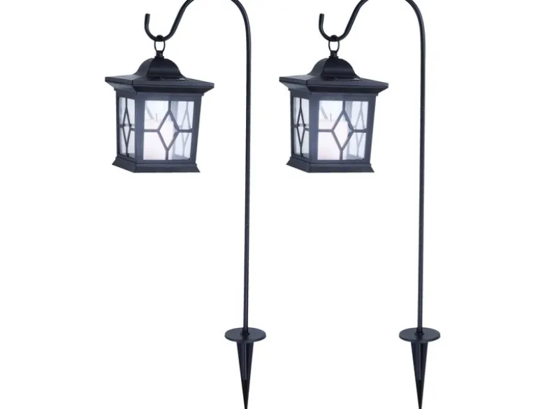 2er Set LED Solar Erdspießleuchte mit aufgehängter Laterne, Schwarz Höhe 68cm