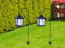 2er Set LED Solar Erdspießleuchte mit aufgehängter Laterne, Schwarz Höhe 68cm