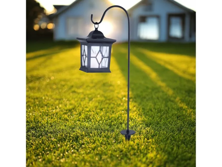 2er Set LED Solar Erdspießleuchte mit aufgehängter Laterne, Schwarz Höhe 68cm