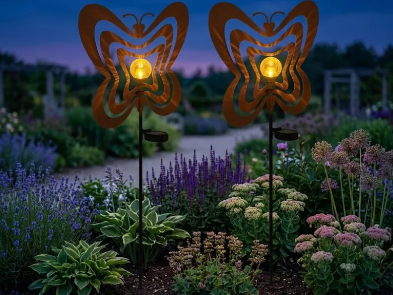 2er Set LED Solar Gartenstecker mit drehbaren Schmetterlingen Rostoptik, H: 83cm