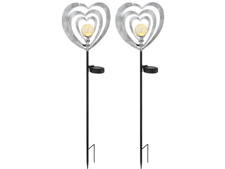 2er Set LED Solar Gartenstecker mit drehbaren Herzen in Silber-Grau, Höhe 82cm