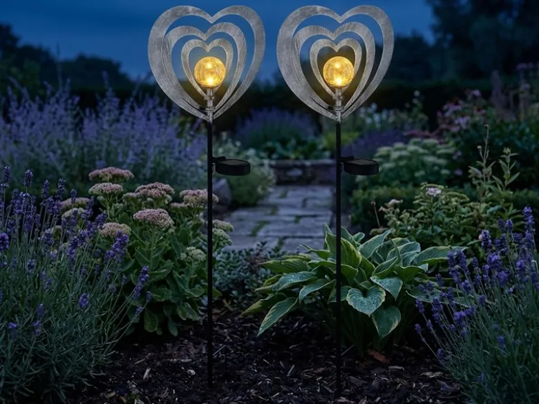 2er Set LED Solar Gartenstecker mit drehbaren Herzen in Silber-Grau, Höhe 82cm
