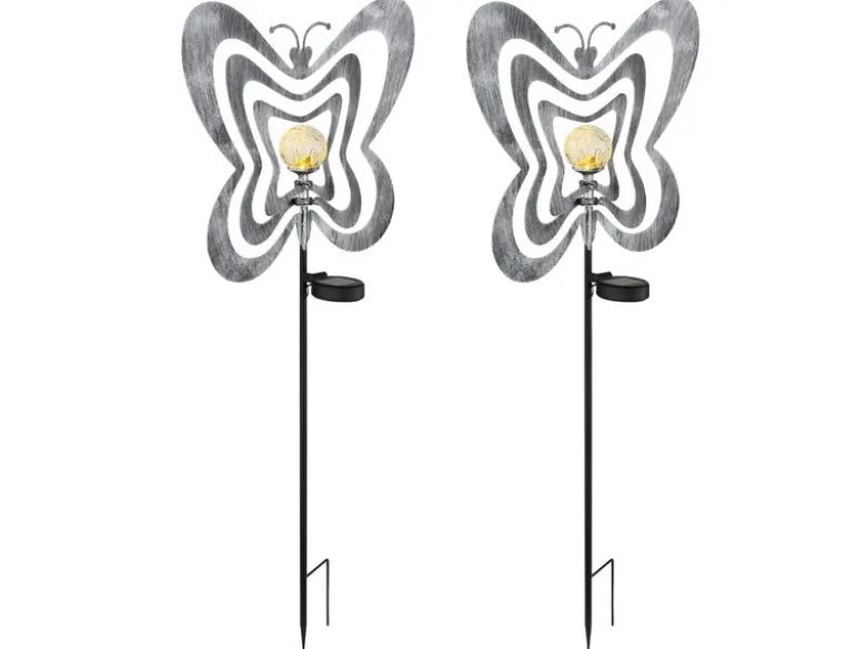 2er Set LED Solar Gartenstecker mit drehbaren Schmetterlingen Silber-Grau, 83cm