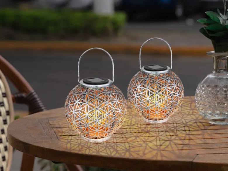 2er Set LED Solarlaternen Kugel mit Dekorstanzungen Silber Antik & Gold, Ø20cm