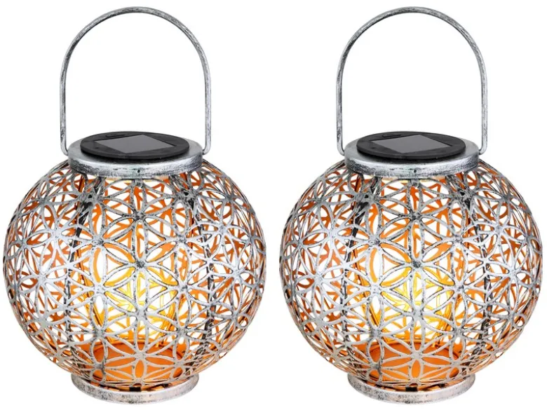 2er Set LED Solarlaternen Kugel mit Dekorstanzungen Silber Antik & Gold, Ø20cm