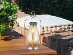 2er Set LED Solarlaternen Silber mit bernsteinfarbigem Lampenschirm, H 36,5cm