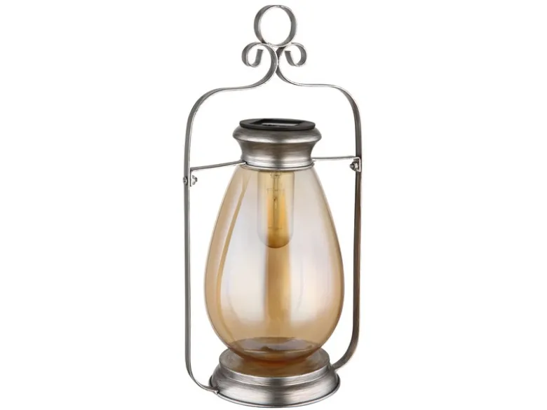 2er Set LED Solarlaternen Silber mit bernsteinfarbigem Lampenschirm, H 36,5cm