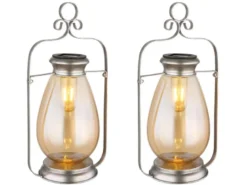 2er Set LED Solarlaternen Silber mit bernsteinfarbigem Lampenschirm, H 36,5cm