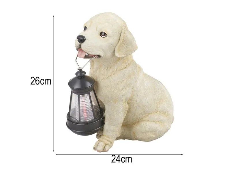 2er Set LED Solarleuchten Hundelampe Welpe mit Laterne in Beige-Weiß, Höhe 26cm