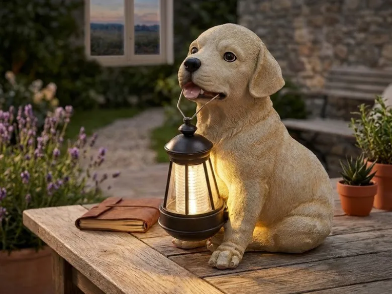 2er Set LED Solarleuchten Hundelampe Welpe mit Laterne in Beige-Weiß, Höhe 26cm